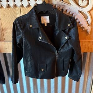 Chelsea & Violet Black Leather Jacket with Gold Buttons